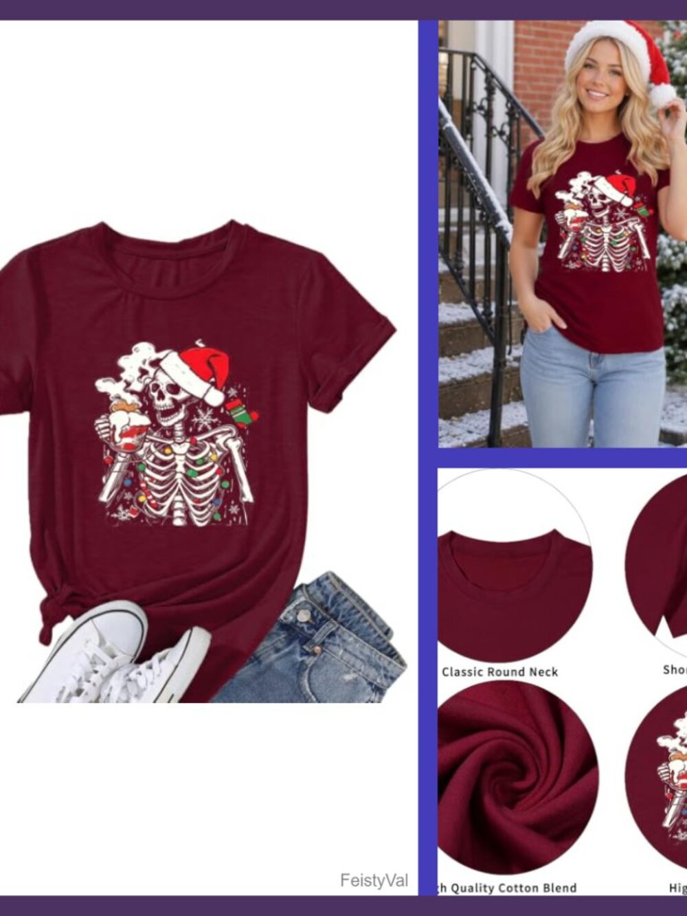 Skeleton Christmas Lights Graphic Tee Cotton Blend Relaxed Fit Short Sleeve